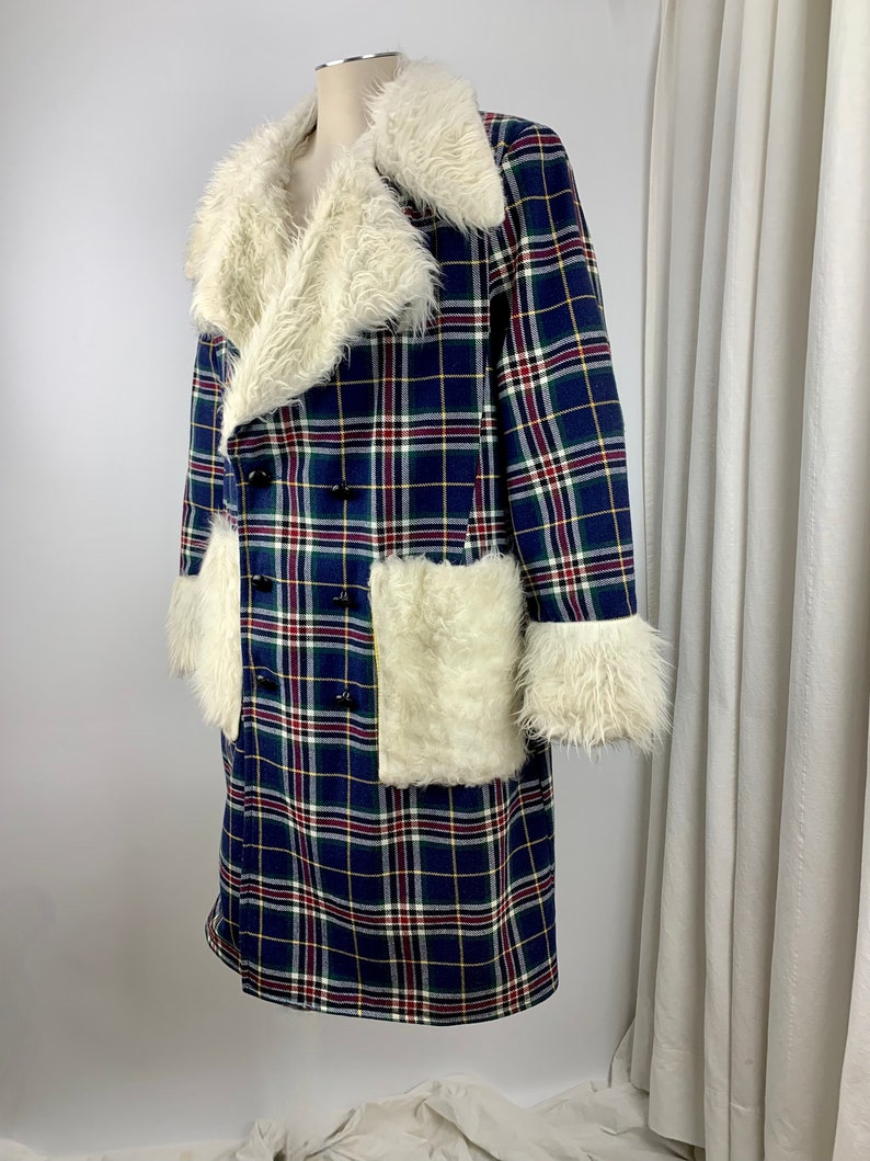 1970'S Pimp Jacket Faux Fur & Wool Plaid Austin Powers Style Fully Lined NOS Dead-Stock /Men's Size Large image 3