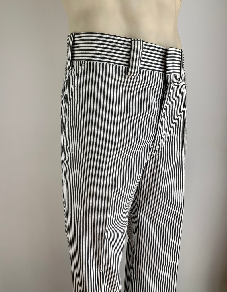 1970'S Striped Seersucker Trousers Gray & White Wide Waistband and Wide Belt Loops 36 Inch Waist DeadStock image 5