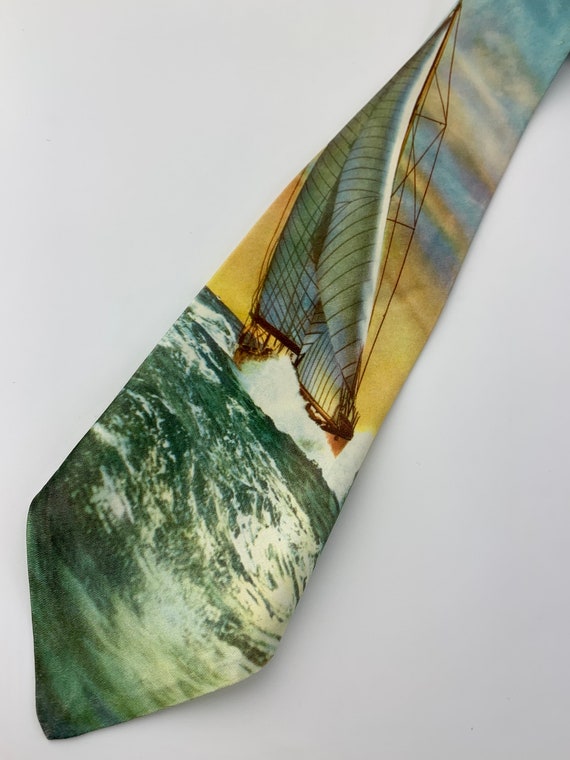 Vintage 1950'S Photo Silkscreen Tie - Sailboat on… - image 4