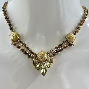 1950's Crystal Necklace in Golden Colors 3 Marquise shaped Baguettes in Citrine All Prong Set Crystals 15 Inch Choker Length image 1