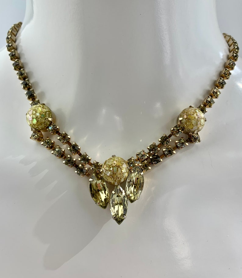 1950's Crystal Necklace in Golden Colors 3 Marquise shaped Baguettes in Citrine All Prong Set Crystals 15 Inch Choker Length image 1