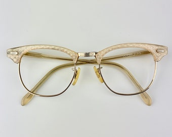 1950's Brownline Eye Glass Frames - DOBBS Maker - Gold Plated Metal - Checked Pattern Detail - Optical Quality