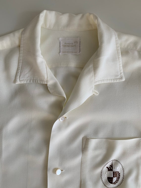 1950's Rayon Shirt - Embroidered Crest - Light Bu… - image 6