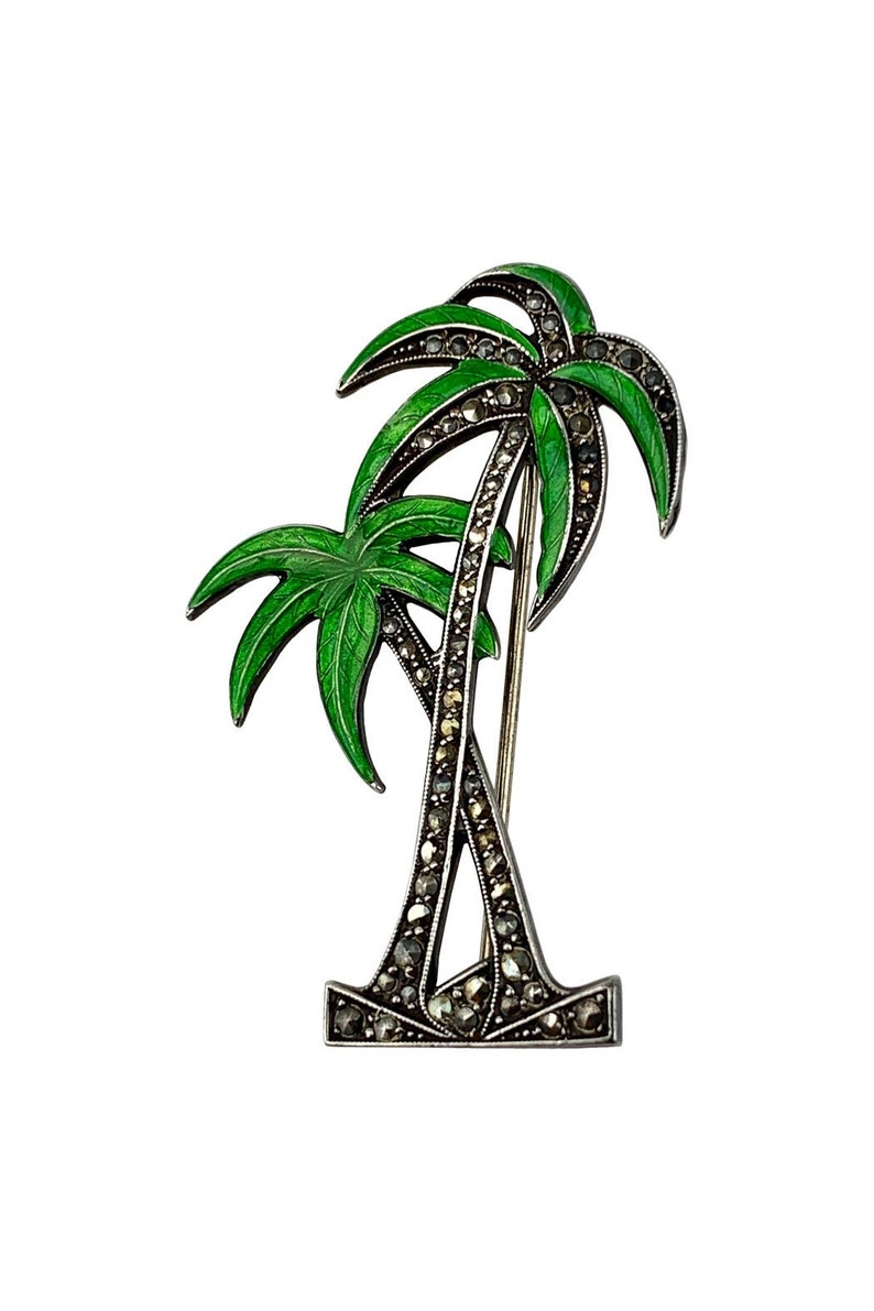 Vintage sale Palm Tree Brooch - Sterling Silver - Green Enamel with Glistening Marcasites - Made in USA - Locking Clasp