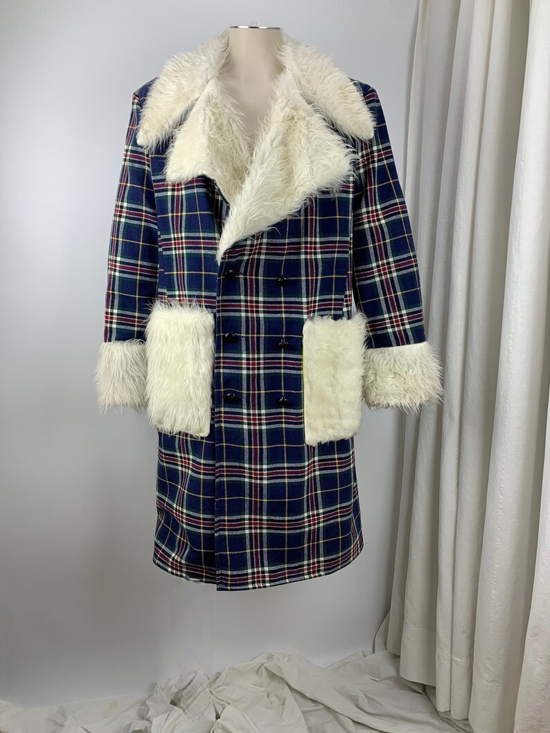 1970'S Pimp Jacket Faux Fur & Wool Plaid Austin Powers Style Fully Lined NOS Dead-Stock /Men's Size Large image 2