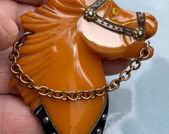 1940's Bakelite Horse Head Brooch - Hand Carved & Painted in