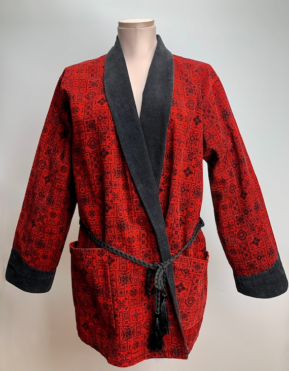 1950'S Printed CORDUROY Robe - Lounge Robe - Smoki