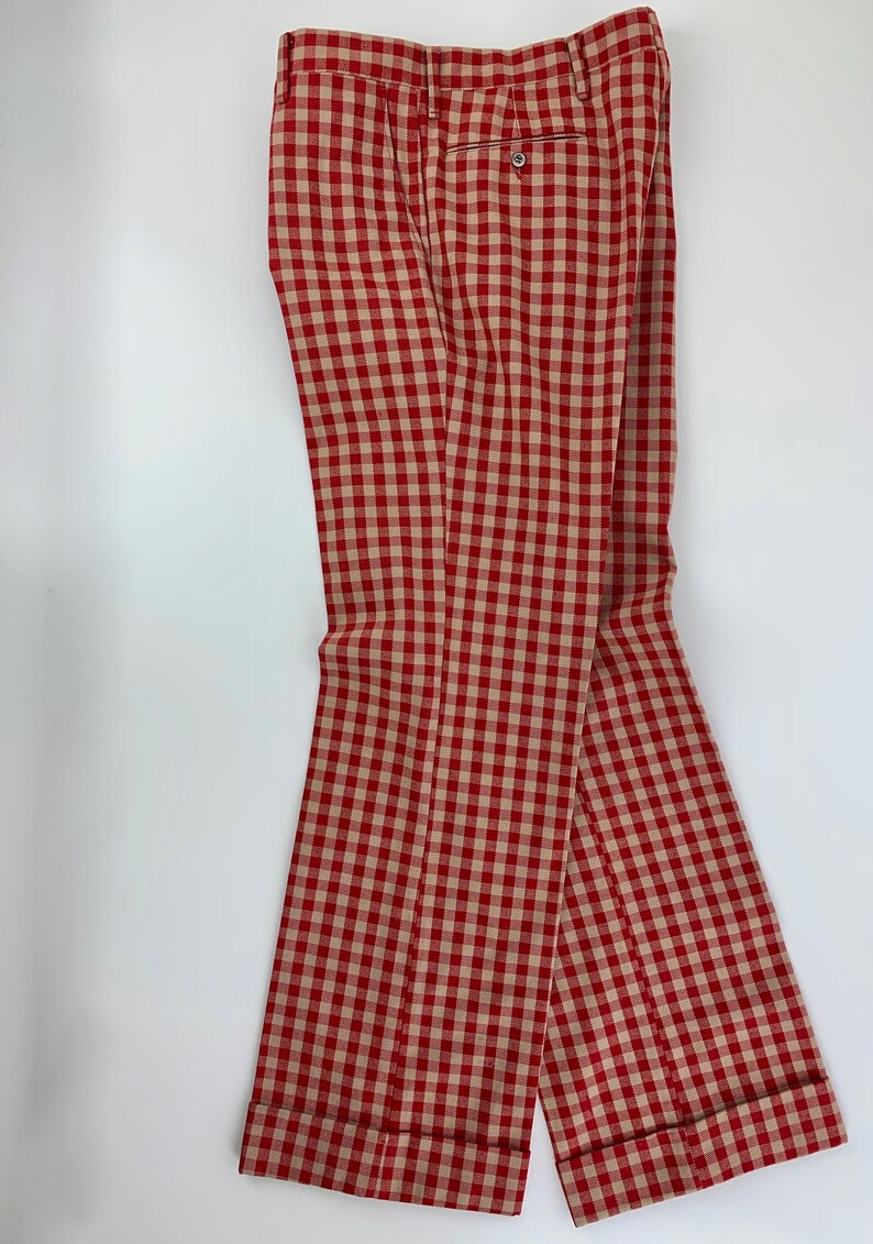 1970'S Plaid Slacks Wild Mod Styling Wide Stovepipe Legs Red & Biege Plaid Check Wide Cuffs 35 Inch Waist image 2