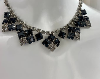 1950's Rhinestone Necklace - Black & Clear Crystals - All Prong Set - 14-1/2 Inch Length