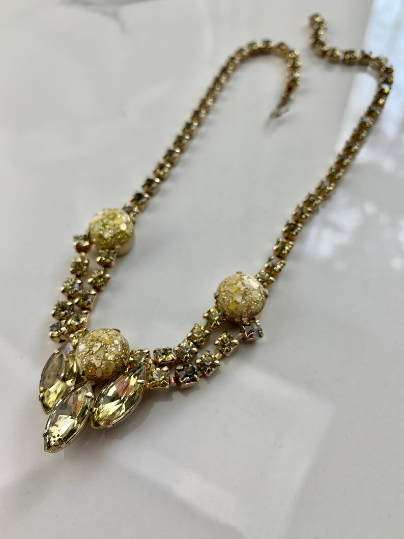 1950's Crystal Necklace in Golden Colors 3 Marquise shaped Baguettes in Citrine All Prong Set Crystals 15 Inch Choker Length image 8