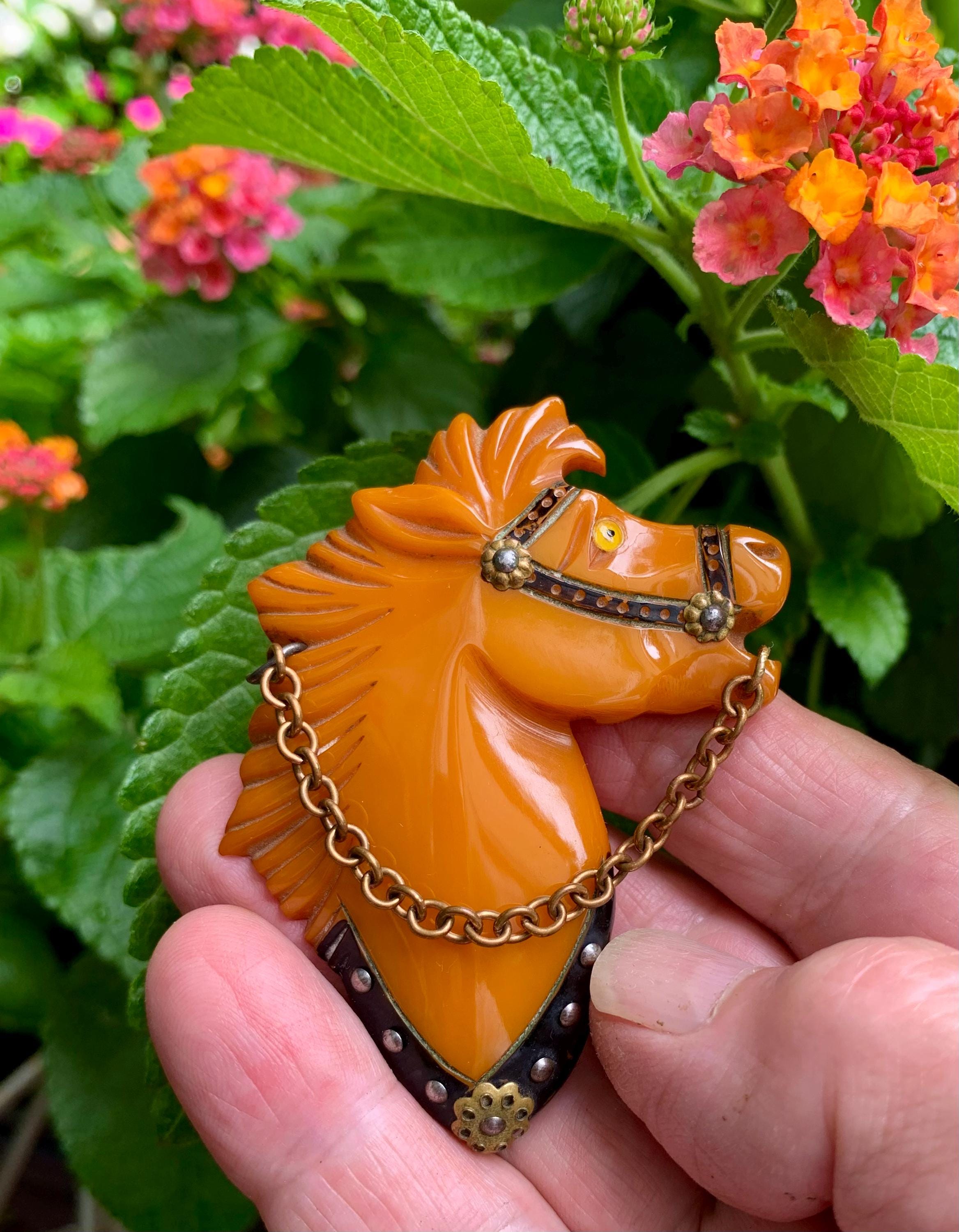 1940's Bakelite Horse Head Brooch - Hand Carved & Painted in