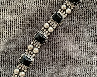 1950'S Black Onyx Bracelet - Sterling Silver - Handmade in Mexico - Box Clasp - 7-1/2 Inches Long