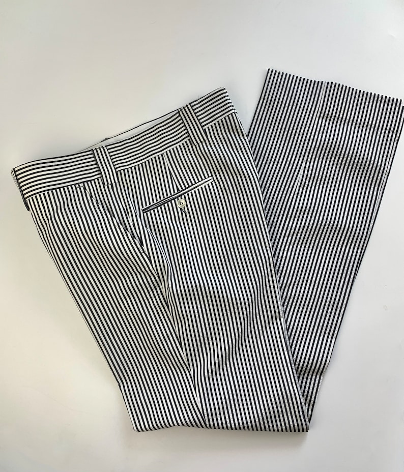 1970'S Striped Seersucker Trousers Gray & White Wide Waistband and Wide Belt Loops 36 Inch Waist DeadStock image 6