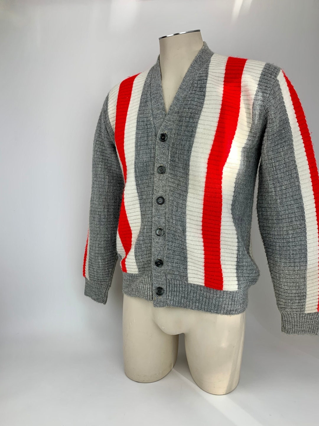1960's MOD Striped Cardigan Gray Body With White & Red Stripes North ...