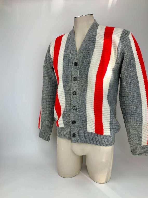 1960's MOD Striped Cardigan - Gray Body with Whit… - image 1