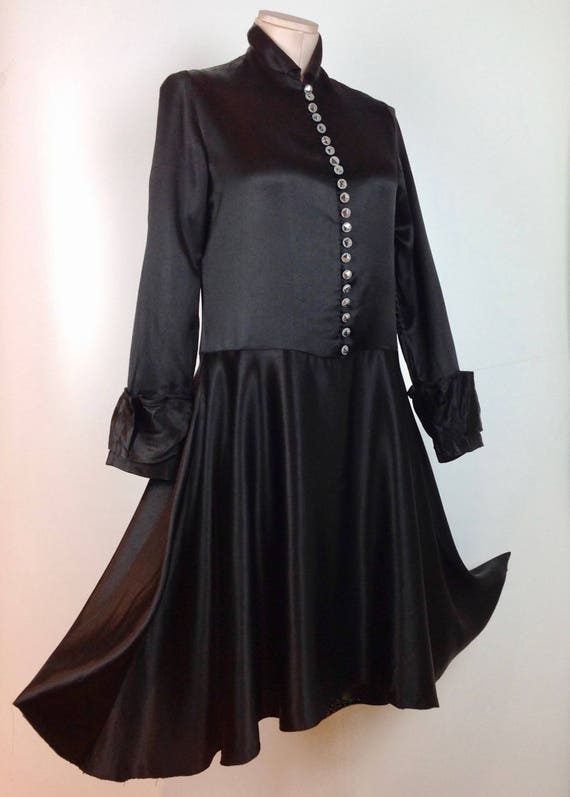 1920'S-30'S Drop Waist Dress - Black Silk Satin - 
