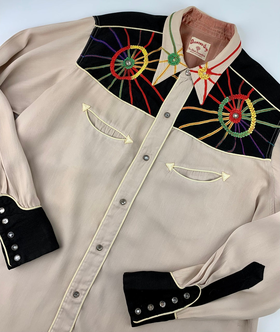 1940'S Western Shirt Rayon Gabardine DIAMOND JIM Rainbow Colored Ribbon ...