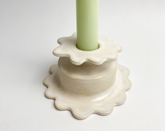 Wavy Candlestick Holder, Ceramic Candle Holder, Medium, White