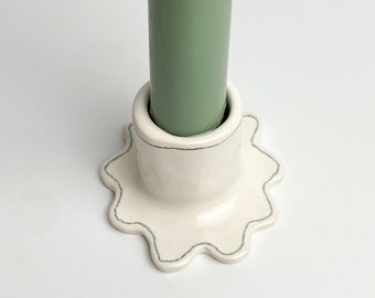 Wavy Candlestick Holder, Ceramic Candle Holder, Small, Green Pencil Border