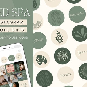 May include: A collection of 100 green and beige Instagram highlight icons for a med spa. The icons feature various designs, including leaves, flowers, rainbows, and geometric shapes. The text "MED SPA" is at the top of the image, and the text "INSTAGRAM HIGHLIGHTS" is below it. The text "100 READY TO USE ICONS" is below that. A phone screen is in the lower left corner of the image, showing a grid of Instagram stories with icons similar to those in the background.