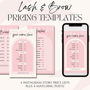 Lash and Brow Pricing Templates Instagram Post Story Canva | Editable Eyelash Extension Microblading Social Media | Waxing Lamination PMUA