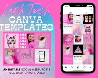 Lash Tech Instagram Post & Story Templates for Canva | Editable Eyelash Extension Supplies | Social Media Feed Layout for Lash Artists