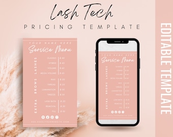 Lash and Brow Pricing Template Instagram Post Story Canva | Editable Eyelash Extension Microblading Social Media | Minimal SERVICE MENU PINK