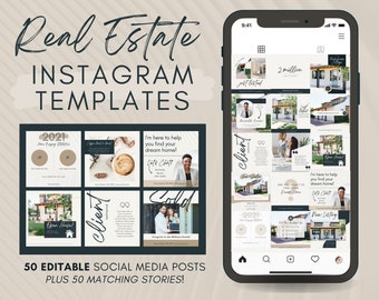 Real Estate Instagram Posts & Stories | Social Media Feed Layout Realtor | Marketing Templates Broker Agent | Blue Tan Minimal Professional