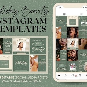 Plantillas de publicaciones e historias de Instagram de Holiday Med Spa para Canva / Empresas de suministros de esteticista editables / Diseño de feeds de redes sociales / Navidad