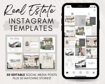 100 Real Estate Instagram Posts and Stories | Social Media Feed Layout Realtors | Marketing Templates Broker Agent | Gray Neutral Minimal