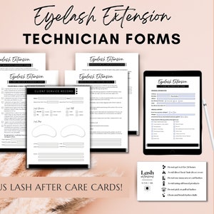 May include: A set of printable eyelash extension technician forms in black and white. The forms include a client waiver and consent form, a client service record, and an eyelash extension information form. The forms are designed to be used by eyelash extension technicians to gather information from their clients and to track their services. The forms are also accompanied by a bonus lash after care card with instructions on how to care for eyelash extensions.