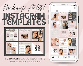 100 Makeup Artist Instagram Post Story Quote Templates for Canva | Editable Skincare MUA Supplies | Social Media Feed Layout | Wedding PINK