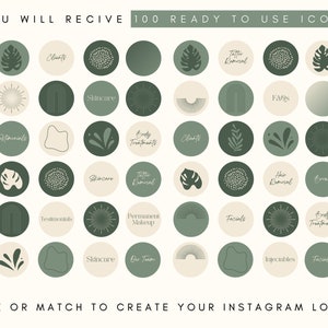 May include: A set of 100 green and beige social media icons featuring various illustrations and text. The icons include illustrations of leaves, stars, rainbows, and other abstract shapes. The text includes words like "Testimonials", "Clients", "Skincare", "Tattoo Removal", "Permanent Makeup", "Facials", "Injectables", "Body Treatments", "Hair Removal", "Events", "Our Team", and "FAQs".
