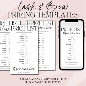 Lash and Brow Pricing Templates Instagram Post Story Canva | Editable Eyelash Extension Microblading Social Media | Minimal DIY PMUA Waxing