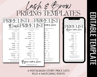 Lash and Brow Pricing Templates Instagram Post Story Canva | Editable Eyelash Extension Microblading Social Media | Minimal DIY PMUA Waxing
