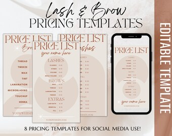 Lash and Brow Pricing Templates Instagram Post Story Canva | Editable Eyelash Extension Microblading Social Media | Minimal DIY Boho Waxing