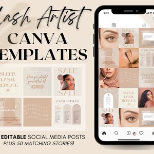 May include: A set of 50 editable social media post templates for lash artists, designed for use with Canva. The templates feature a neutral color palette of beige and brown with a modern aesthetic. The templates include a variety of designs, such as images of eyes with lashes, text-based posts, and sale announcements. The templates are also accompanied by 50 matching stories.
