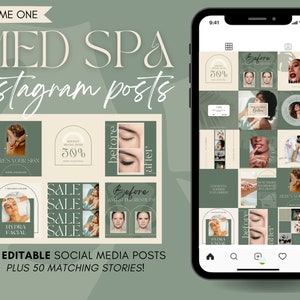 Med Spa Instagram Post & Story Templates for Canva | Editable Esthetician Supplies for Business | Social Media Feed Layout |Spa Beauty Green