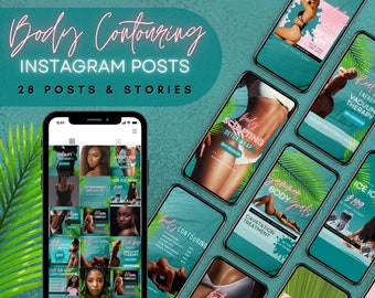 Body Sculpting Contouring Instagram Post & Story Templates Canva | Editable Med Spa Salon Beauty | Social Media Feed Layout | Teal Tropical