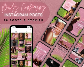 Body Sculpting Contouring Instagram Post & Story Templates for Canva | Editable Salon Beauty | Social Media Feed Layout | Tropical Spa Pink