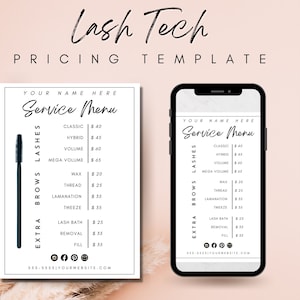 Op de afbeelding: Een afdrukbare prijslijst voor wimpers en wenkbrauwservices. De sjabloon heeft een zwart-wit ontwerp met een wimpers borstelpictogram. De tekst bevat de aangeboden diensten en hun prijzen. De sjabloon is ontworpen voor gebruik op een mobiele telefoon of om af te drukken.