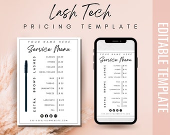Lash Extensions Brow Pricing Template Digital or Print | Canva Editable Eyelash Tech Microblading Social Media | Minimal SERVICE MENU Modern