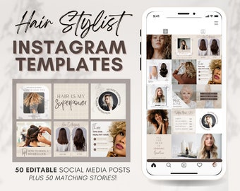 100 Hair Care Instagram Post Story Templates | Hairdresser Stylist Templates Canva | Social Media Marketing |Editable Beauty Salon Studio