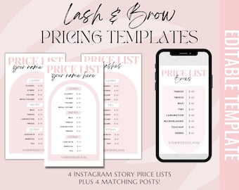 Lash and Brow Pricing Templates Instagram Post Story Canva | Editable Eyelash Extension Microblading Social Media | Minimal DIY PMUA Waxing