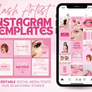 May include: A collection of 50 editable social media post templates for lash artists. The templates feature pink and white color schemes with text overlays such as "Lash Artist", "New Service", "Glow Up", and "Client Testimonial".