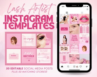 Lash Artist Instagram Post & Story Templates for Canva | Editable Eyelash Extension Supplies | Social Media Feed Layout for Lash Tech Pink
