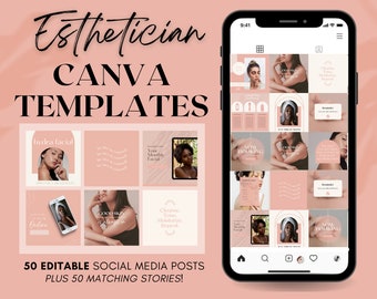 Op de afbeelding: Een telefoonscherm met een raster van 9 Instagram-berichten in een roze en bruine kleurstelling. De berichten bevatten afbeeldingen van vrouwen, tekst over huidverzorging en de woorden "Now Booking". De telefoon staat op een roze achtergrond met de tekst "Esthetician Canva Templates 50 Editable Social Media Posts Plus 50 Matching Stories!" bovenaan.