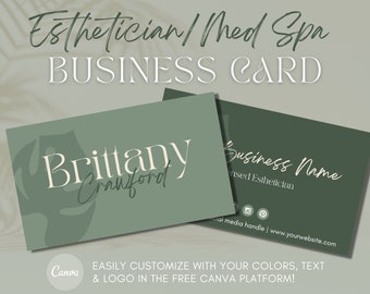 Med Spa Esthetician Business Card Template for Canva | Editable Marketing Beauty Supplies | Salon Spa Facials Body Contouring | Green Sage