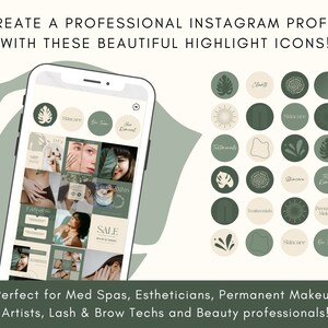 May include: A phone screen displaying a grid of Instagram posts with a green and beige color scheme. The phone screen is surrounded by a green leaf design. The phone screen shows a variety of images, including a woman's face, a hand holding a product, and a sale sign. The phone screen also shows a series of green and beige circles with icons and text, such as "Skincare", "Lashes", and "Testimonials".