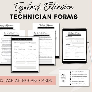Könnte beinhalten: Bearbeitbare Formulare für Wimpernverlängerungs-Techniker mit einem Kundenverzicht- und Einverständnisformular, einem Kundendienstprotokoll und Pflegekarten nach der Behandlung. Die Formulare sind in Schwarzweiß mit einem modernen Design.